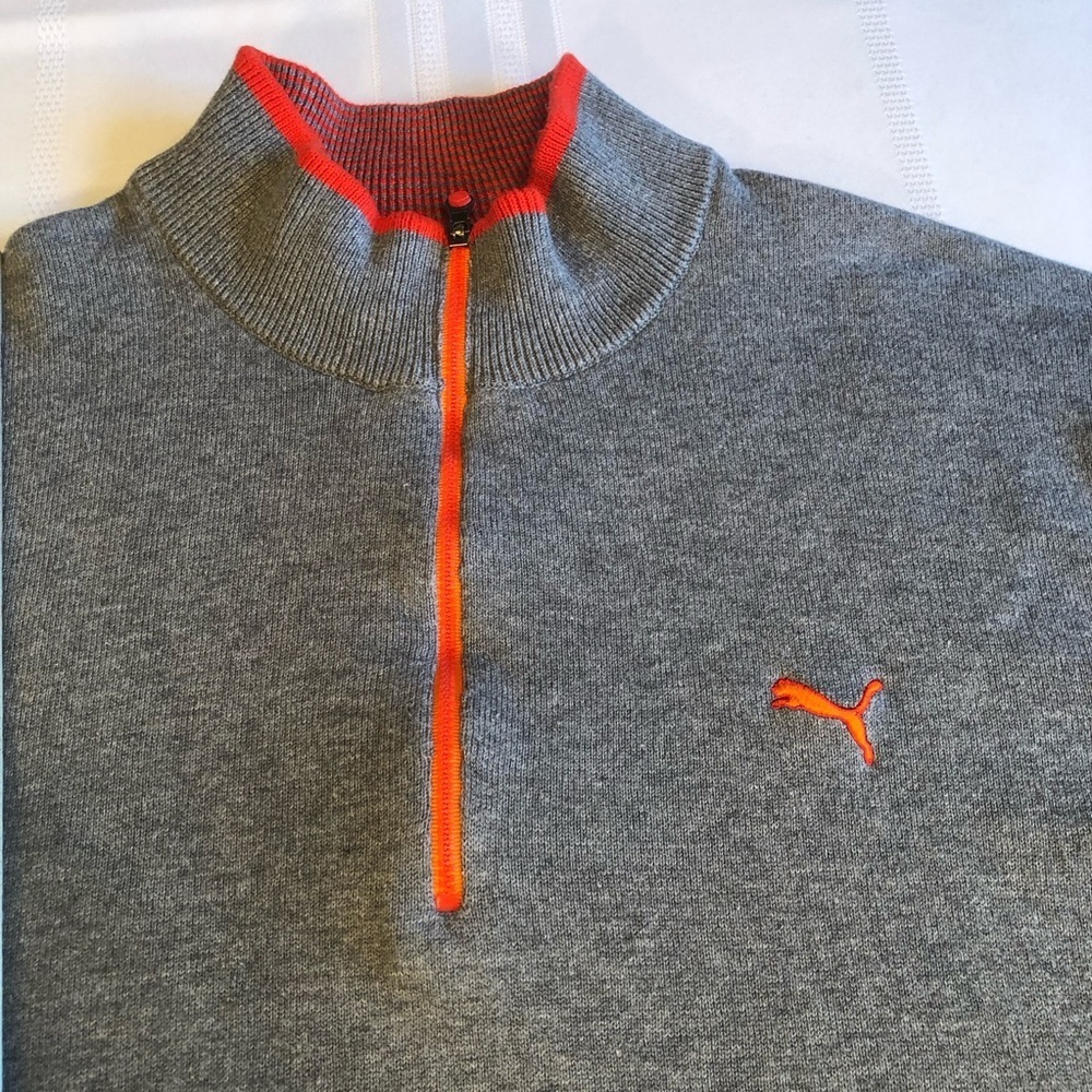 Puma Gray Fine Gage 1/4 Zip PullOn Sweater w/Colorful Stripe Sleeve Accent Sz L - Picture 3 of 8
